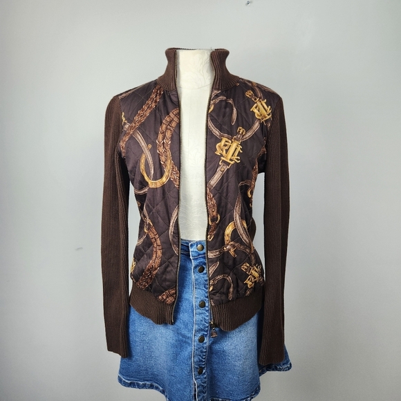 RLL Vintage Ribbed Brown Cardigan Jacket  Equestrian Size M Horse Bridle Print - Picture 2 of 14